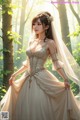 A woman in a wedding dress standing in the woods.