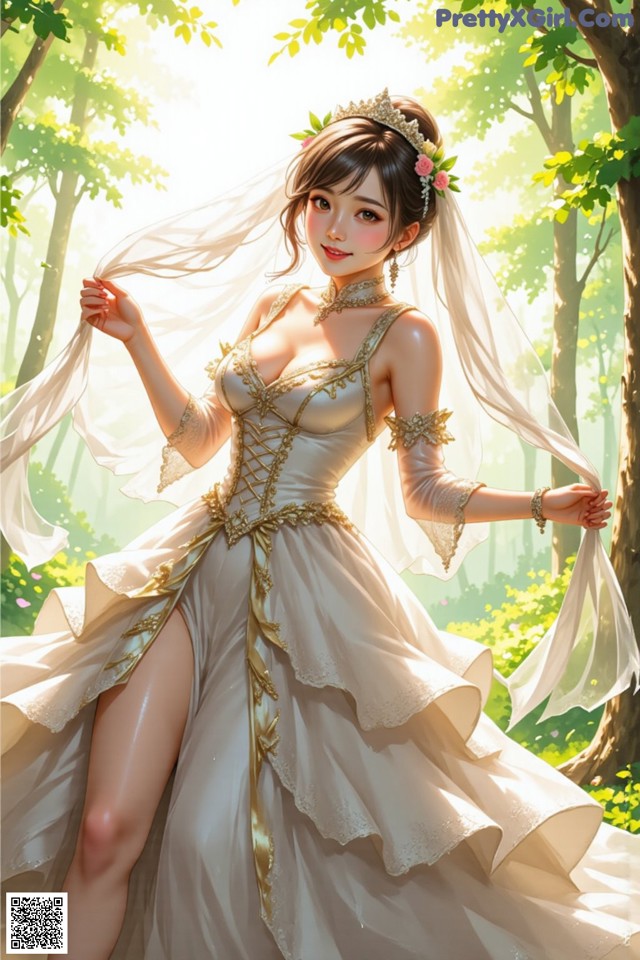 A woman in a wedding dress standing in the woods.