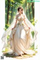 A woman in a wedding dress standing in the woods.