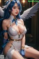 A woman with blue hair and white wings sitting on a chair.