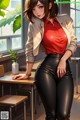 A woman in a red shirt and black leather pants posing for a picture.